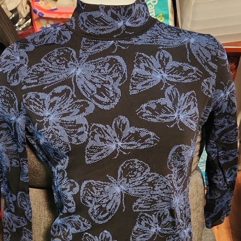 Posw Black and Blue Butterfly Pattern Turtleneck Top Size M